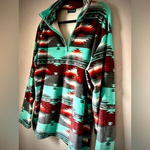 Southwestern Print Quarter-Zip Fleece Pullover - Aztec Western Aqua & Burgundy